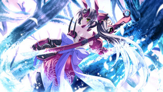 Woman purple dress sword forest 2 - a blue sky behind her free wallpaper
