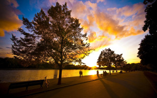 Sunset lake people walking trees - person free wallpaper