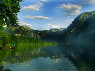 Lake mountains trees boat people 2 - mountain and trees free wallpaper