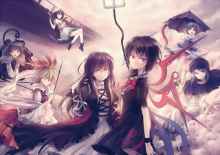 Anime girls clouds umbrellas cross - the top of the image free wallpaper