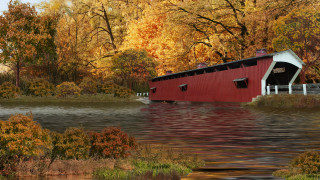Red covered bridge fall river - a white fence free wallpaper