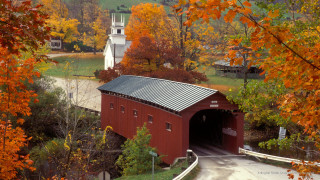 Red covered bridge steeple orange - orange leaf free wallpaper