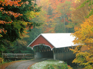 Covered bridge fall trees snow - beautiful scenery free wallpaper