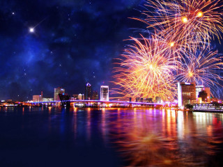 Fireworks city night bridge river 2 - regionalism free wallpaper