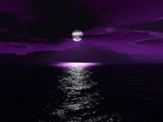 Purple sky full moon water - the foreground and a mountain in the background free wallpaper