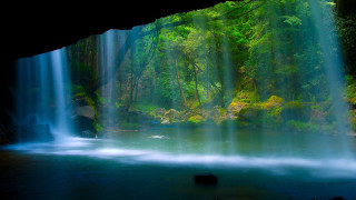 Waterfall forest blue pool cave 2 - a light beam free wallpaper