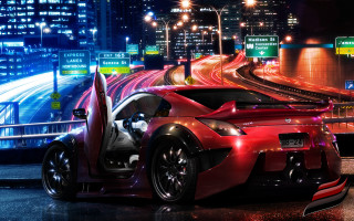 Red sports car night city 3 - its door open free wallpaper