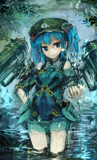 Girl blue hair green hat - a green umbrella free wallpaper