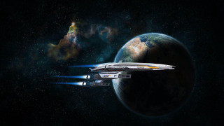 Spaceship flying through space planet - a planet in the background free wallpaper