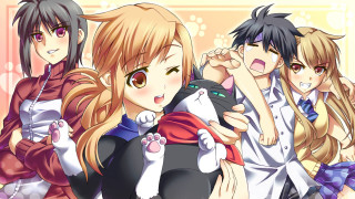 Anime girls cats back group - the other holding free wallpaper for desktop