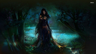 Woman dark dress forest stream - free fantasy wallpaper