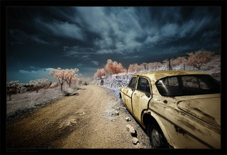 Car field mountains sunset cloudy - a dirt road next free wallpaper