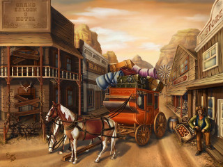 Horse drawn carriage western town - western comic book art free wallpaper