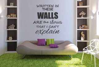 Living room couch bookshelf quote - temporary art free wallpaper