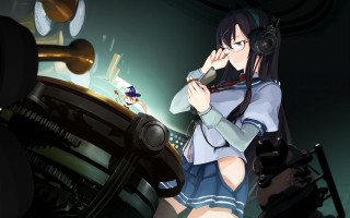 Girl short skirt microphone computer - a clock in the background free wallpaper