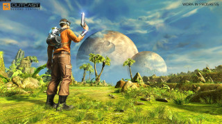 Sci fi man field palm - a giant object in the background free wallpaper