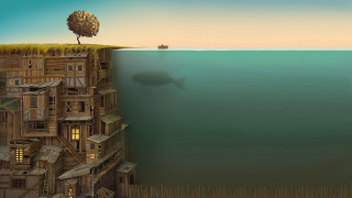 Tree building ocean boat water - surrealism free wallpaper