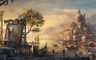 City water painting boat bridge - the water and a bridge in the background free wallpaper