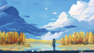 Person lake trees background clouds - atey ghailan free wallpaper