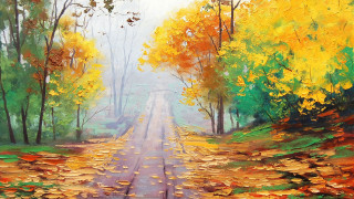 Fall road leaves trees painting - impressionist painting free wallpaper