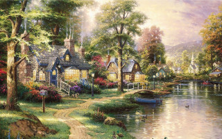 Lake house boat bridge background - kinkade free wallpaper for desktop