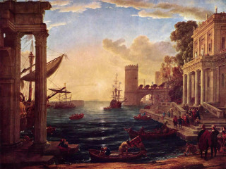 Harbor ship castle people shore - renaissance oil painting free wallpaper