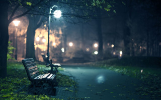 Park bench sidewalk night streetlights - a park bench free wallpaper