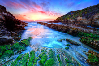 Colorful sunset rocky beach green - green moss free wallpaper