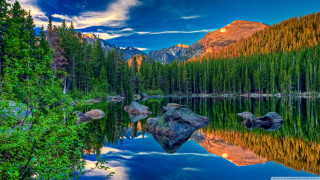 Mountain lake forest rocks sky 6 - a mountain lake free wallpaper