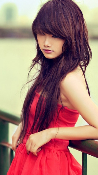 Woman red dress leaning rail - the wind free wallpaper for mobile