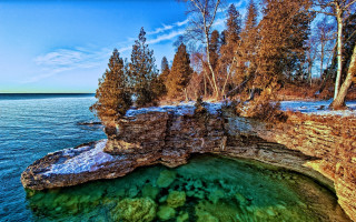 Lake trees rocks cliff blue - a large body of water free wallpaper for desktop