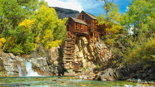 Wooden structure cliff river waterfall 2 - a wooden structure free wallpaper