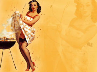 Woman bathing suit cooking grill - transgressive art free wallpaper