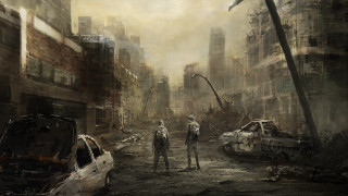 Couple people dirty city street - dystopian art free wallpaper