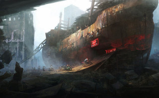 Ship harbor people motorcycle man - craig mullins free wallpaper