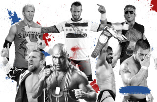 Wrestlers arms in air collage - their hands in free wallpaper