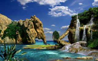 Waterfall lake rock formation people - the rock free wallpaper