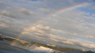 Rainbow waterfall bridge boat nature - hudson river school free wallpaper