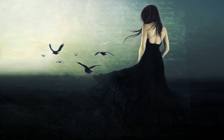 Woman black dress birds flying 2 - somber free wallpaper for desktop