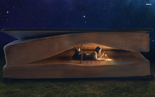 Woman reading book night light - surreal free wallpaper