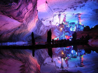 Cave lake colorful light show - color free wallpaper
