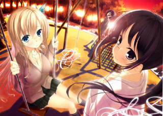 Anime girls swings park night - a umbrella free wallpaper