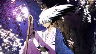 White hair purple outfit sword - white flower free wallpaper