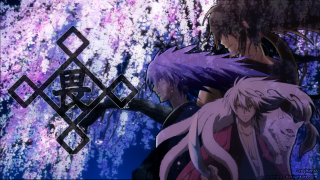 Anime characters tree purple flowers - a purple sky free wallpaper