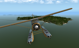Small airplane flying island ocean - side and a propeller free wallpaper