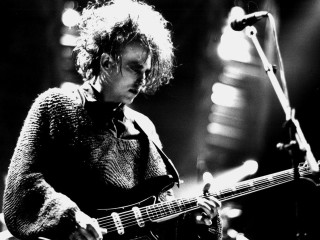 Woman playing guitar stage microphone 2 - grunge free wallpaper