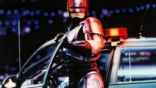 Man suit helmet police car - synthwave free wallpaper