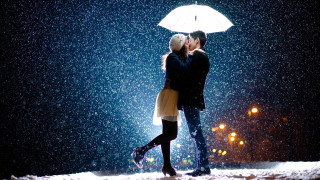 Couple kissing umbrella rain night 3 - romantic free wallpaper