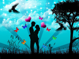 Couple tree balloons butterflies heart - under a tree free wallpaper