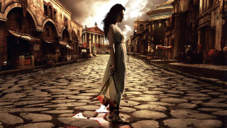 Woman cobblestone street city sky - neoclassicism free wallpaper for desktop